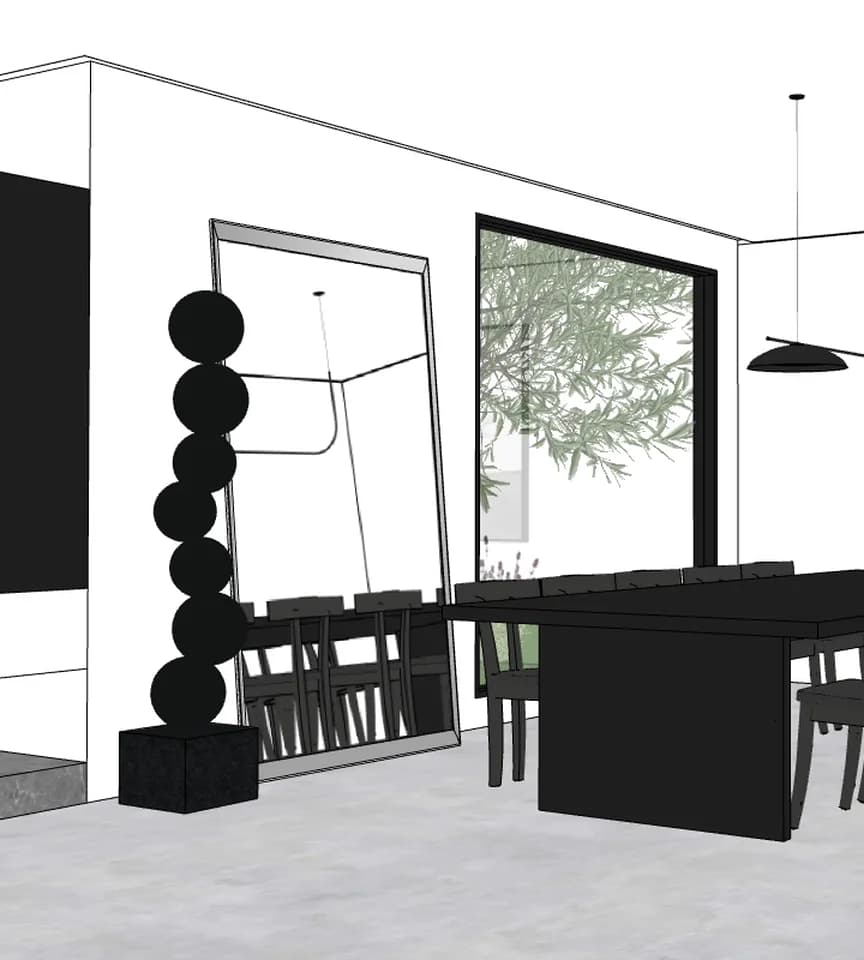 Cena de interiores no SketchUp com espelho e materiais aplicados pelo RENDINO® for SketchUp